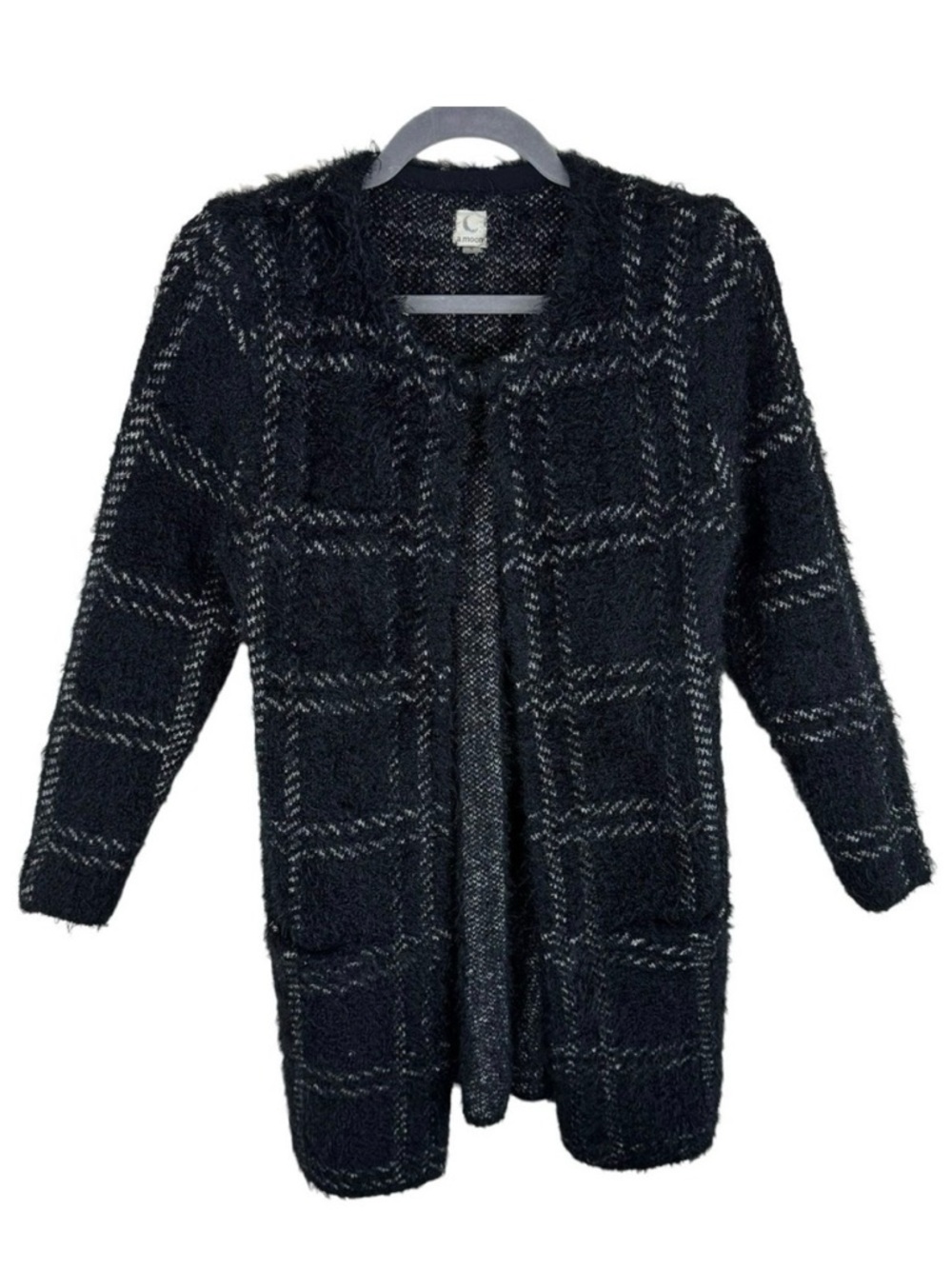 A. Moon Black White Checkered Long Sleeve Fuzzy Cardigan Pockets Size S